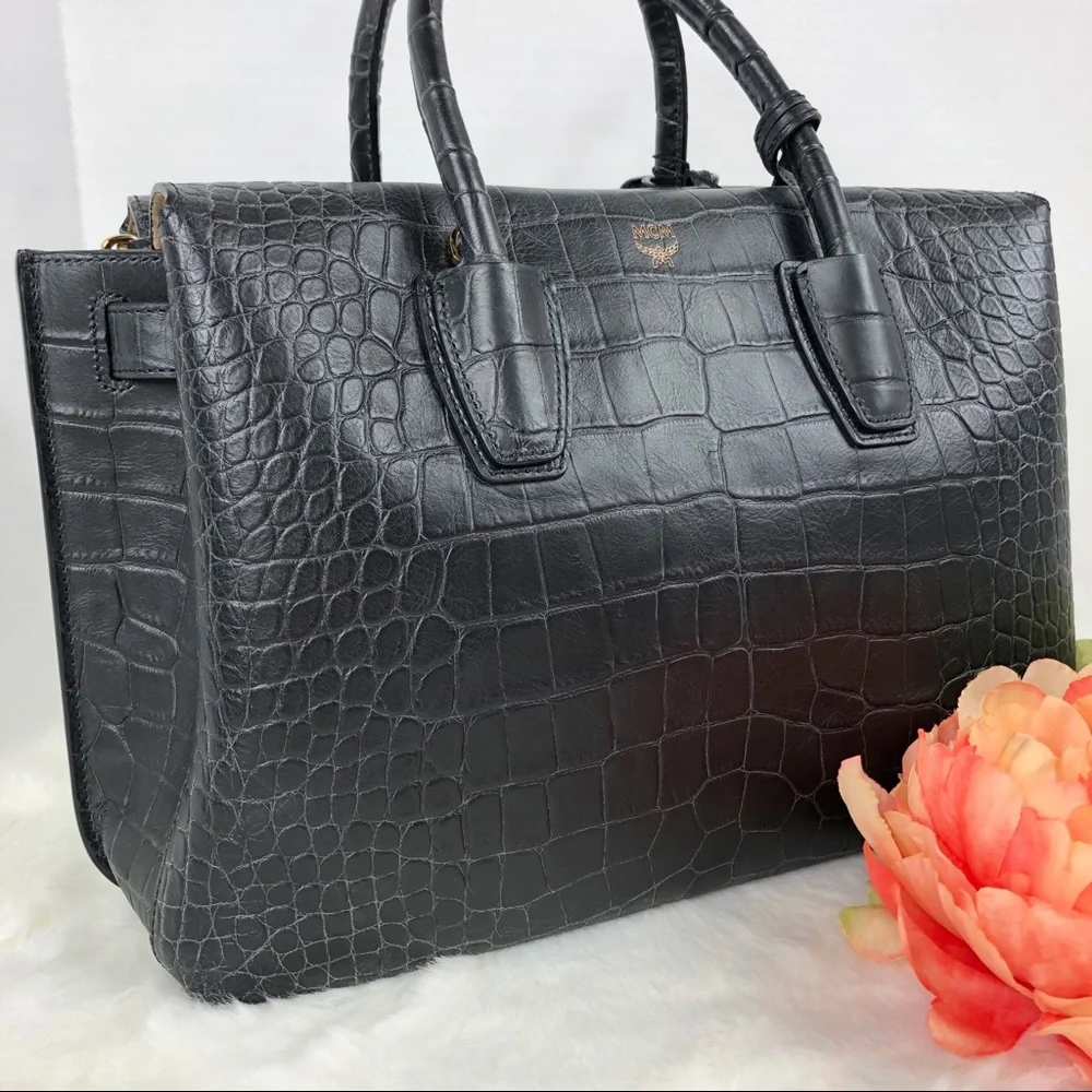 MCM Milla Medium Crocodile Black tote purse